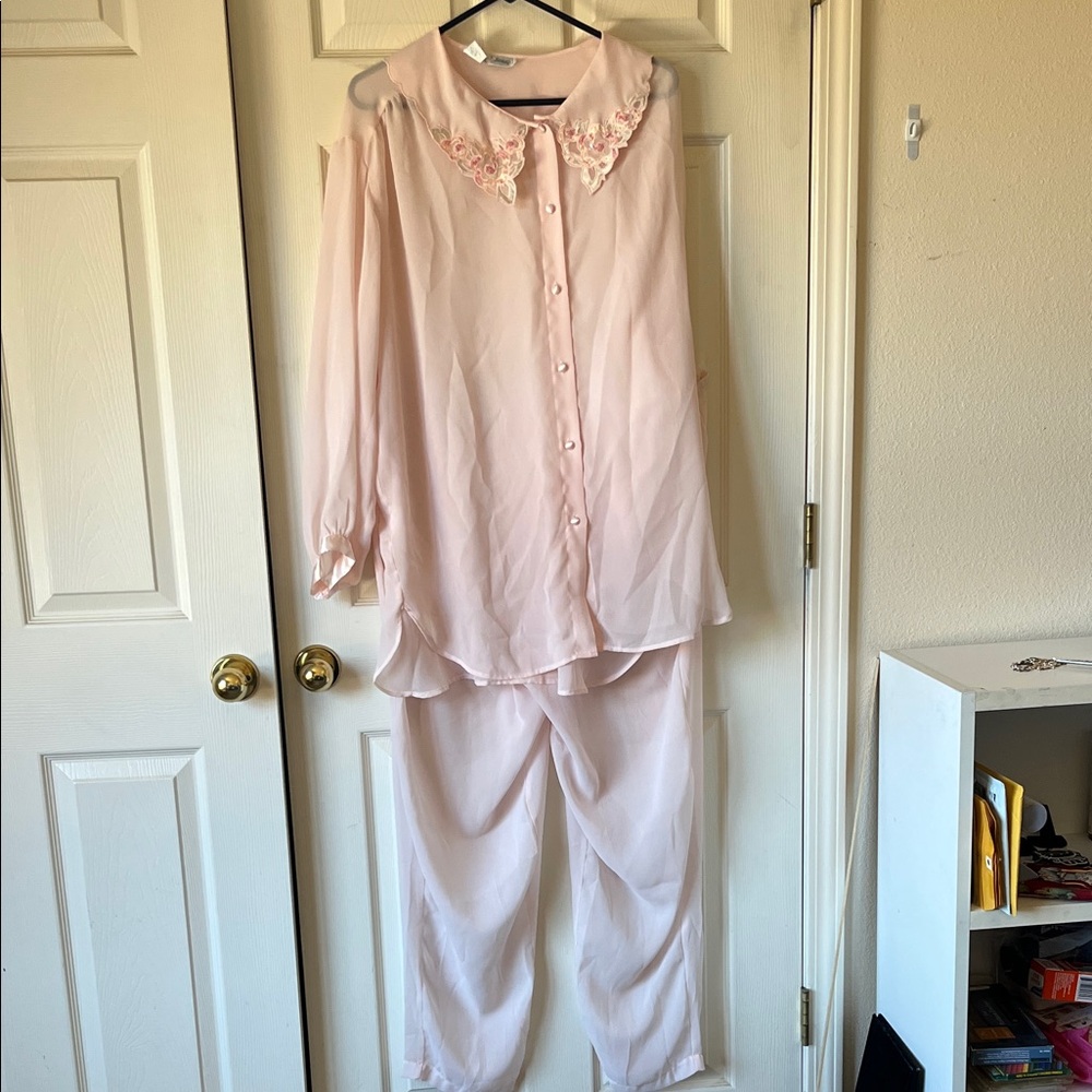 Pink Pajama Sheer Button-Up Blouse with Lace Collar and Bottom